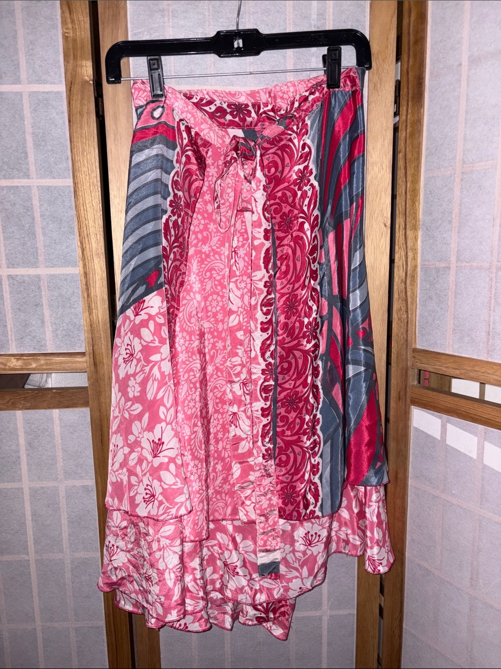 Wrap Skirt Reversible Pink Gray Floral Silk & Rayon Blend